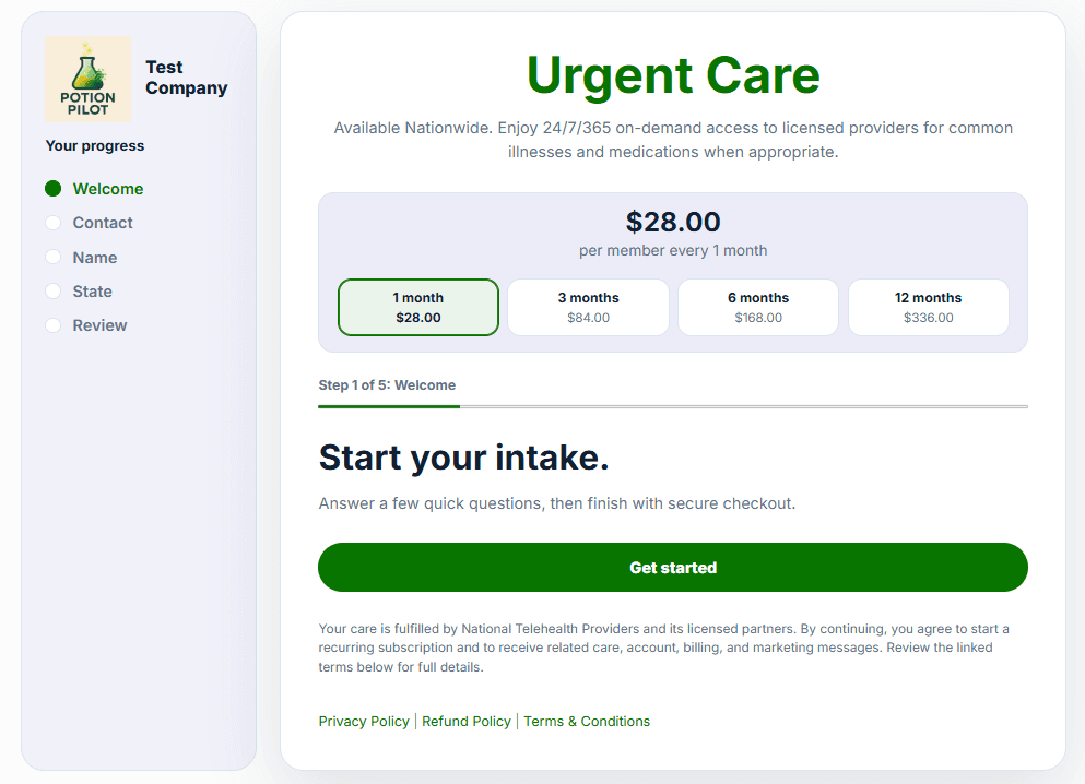Branded urgent care membership checkout experience