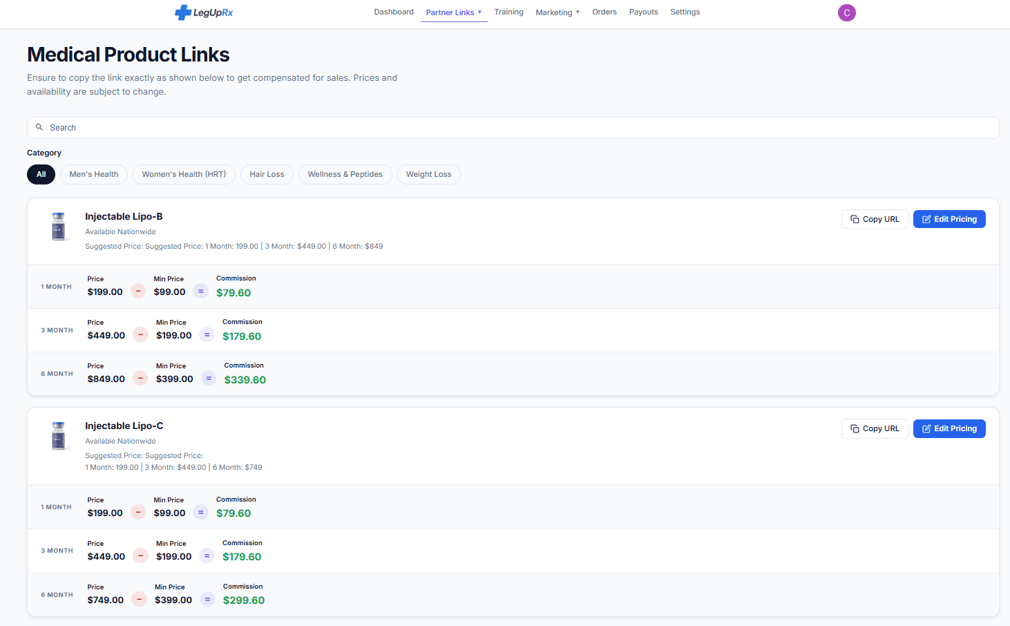 Pricing and commission preview controls for hair loss programs