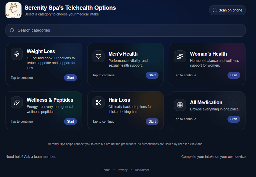 Telehealth program menu for med spas