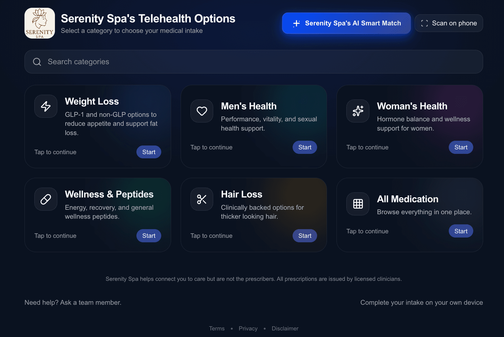 Telehealth program menu for gyms