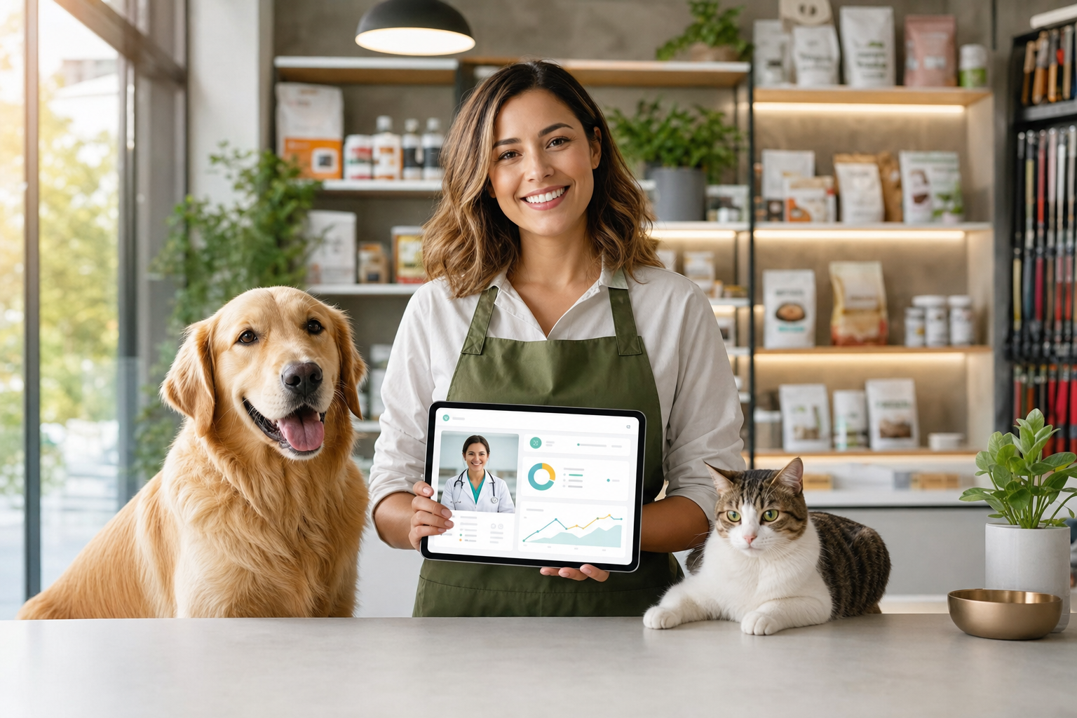 Pet business owner with a dog and cat presenting a veterinary care membership dashboard